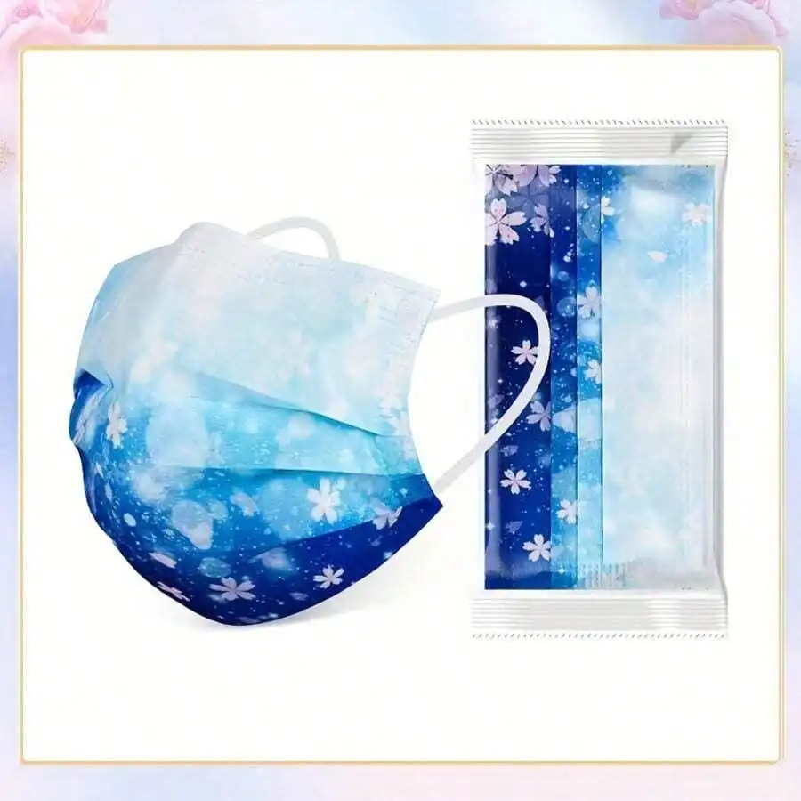 10pcs Floral Sakura Print 3-Pl - đánh giá và giá Disposable Mask Blue