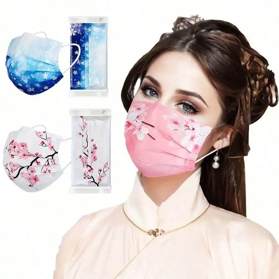 10pcs Floral Sakura Print 3-Pl - đánh giá và giá Disposable Mask Blue